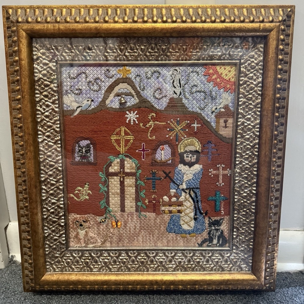VTG Crewel Religious Needlepoint Priest Saint Cats Dogs Wall Art 17"x16" Church